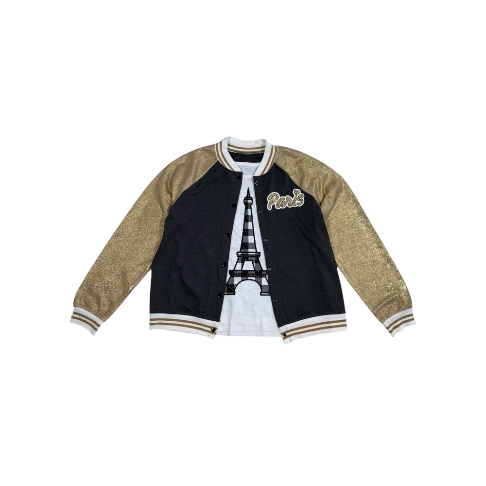 Justice Girls Varsity Bomber Jacket and Eiffel Tower Tee Set Black Gold Size 20